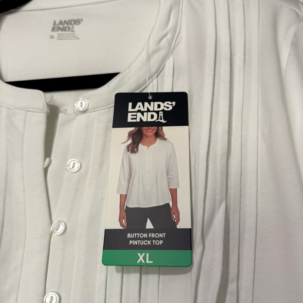 Lands' End Women's Button Front Pintuck Top, White, Size XL